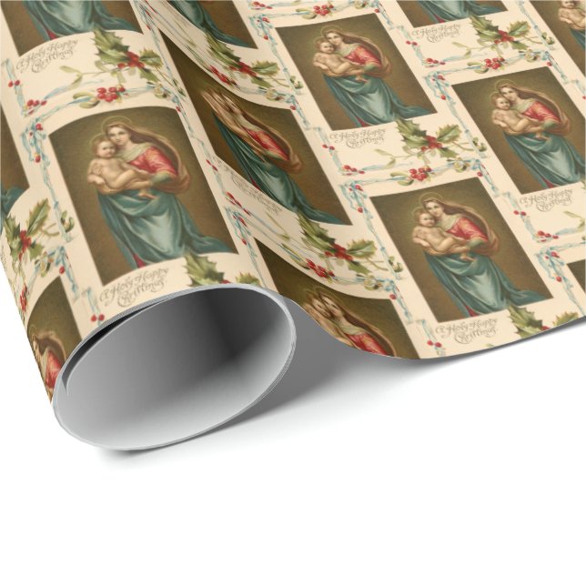 Papier Cadeau Raphael Madonna Christ Enfant Religieux Vintage (Coin rond)