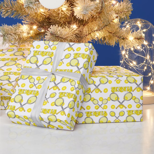 Papier Cadeau Raquettes et balles de tennis jaune (Vacances)