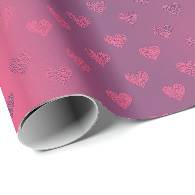 Papier Cadeau Raspberry rose Rouge Coeurs métalliques Fête des m (Coin rond)