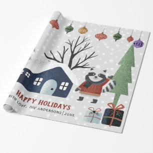 Papier Cadeau Raton laveur, arbres et maison vacances de Noël