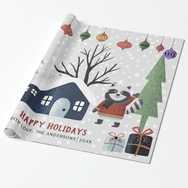 Papier Cadeau Raton laveur, arbres et maison vacances de Noël (Déroulé)