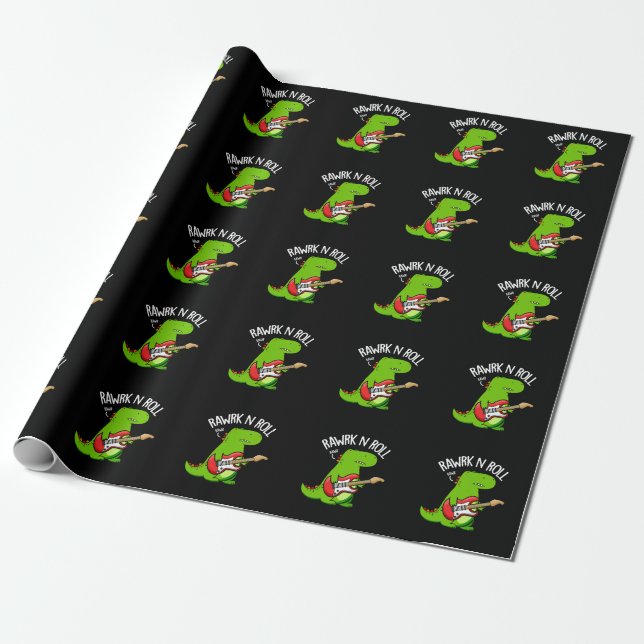Papier Cadeau Rawrk Et Roll Funny Rocker Dinosaur Pun Dark BG (Déroulé)