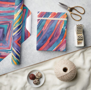 Papier Cadeau Rayures Aquarelle Orange, Rose Bleu Vert Violet