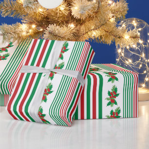 Papier Cadeau Rayures Classiques avec Houx