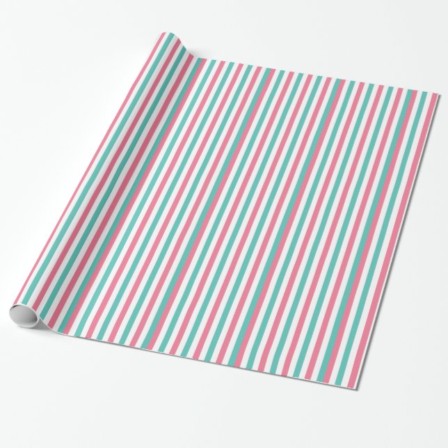 Papier Cadeau Rayures de cirque rétro en rose et Turquoise (Déroulé)