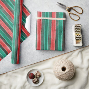 Papier Cadeau Rayures de Noël à l'aquarelle motif vert rouge