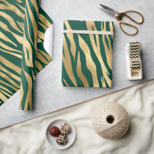 Papier Cadeau Rayures de tigre sauvage vert et or élégantes Safa