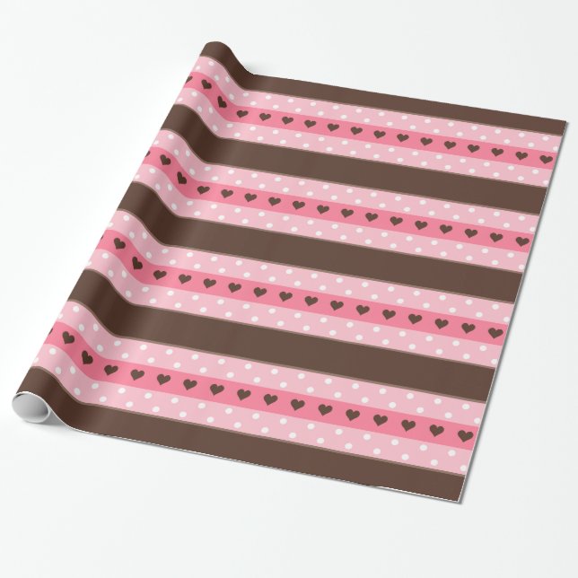 Papier Cadeau Rayures et motif de pois roses et Brown Girly (Déroulé)