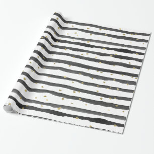 Papier Cadeau Rayures et points noirs d'aquarelle d'or blanc