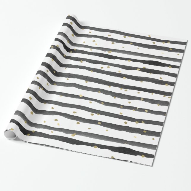 Papier Cadeau Rayures et points noirs d'aquarelle d'or blanc (Déroulé)
