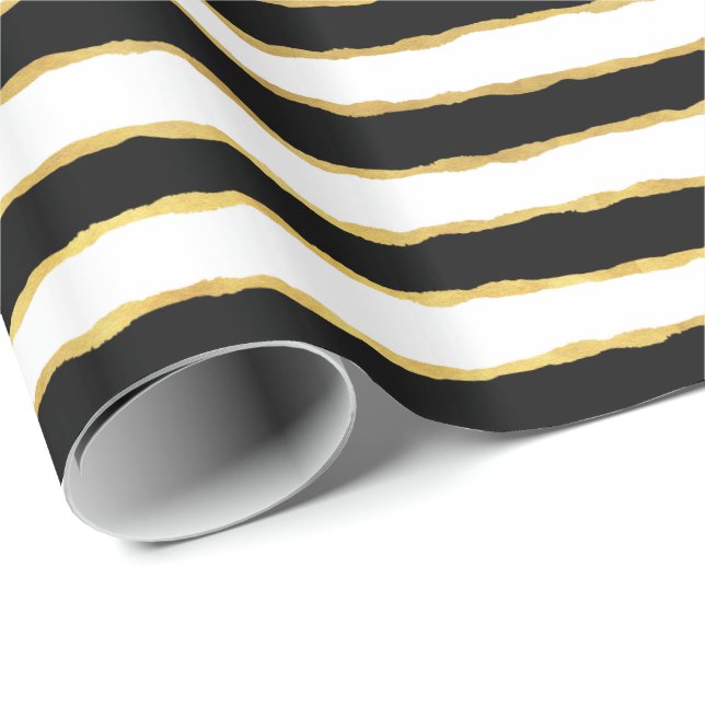 Papier Cadeau Rayures noires d'or blanc (Coin rond)