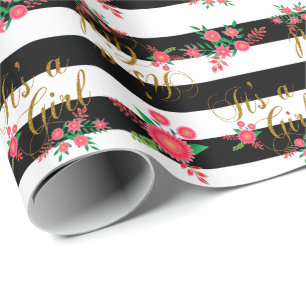 Papier Cadeau Rayures noires et blanches élégantes avec floral