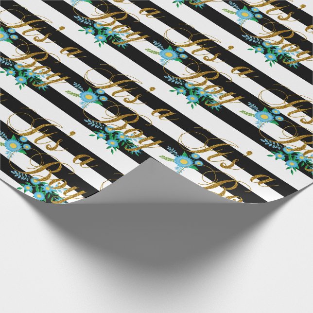 Papier Cadeau Rayures noires et blanches élégantes avec floral (Coin)