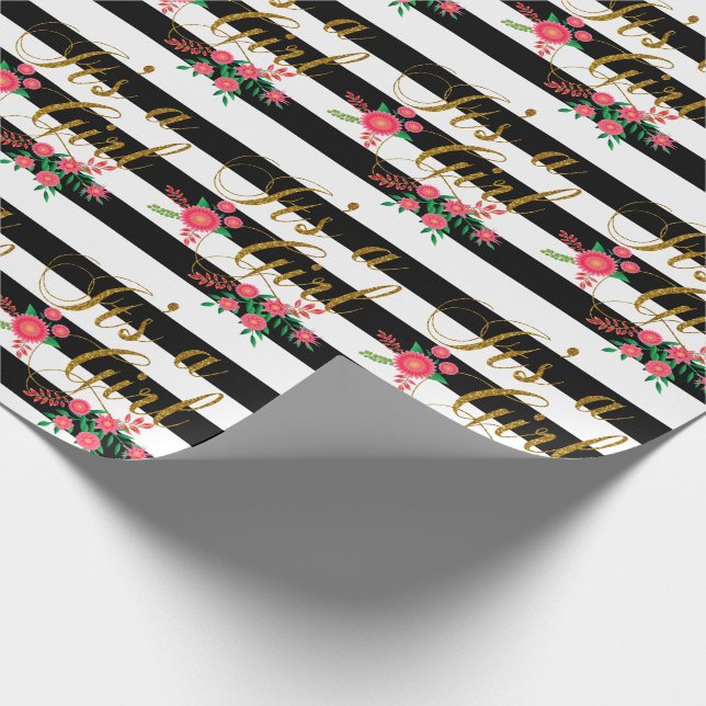 Papier Cadeau Rayures noires et blanches élégantes avec floral (Coin)