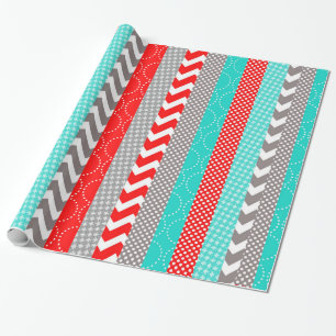 Papier Cadeau Rayures rouges et turquoises au néon lumineuses d