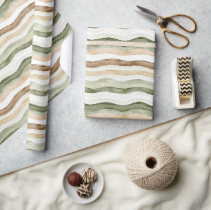 Papier Cadeau Rayures Vert Crème Marron