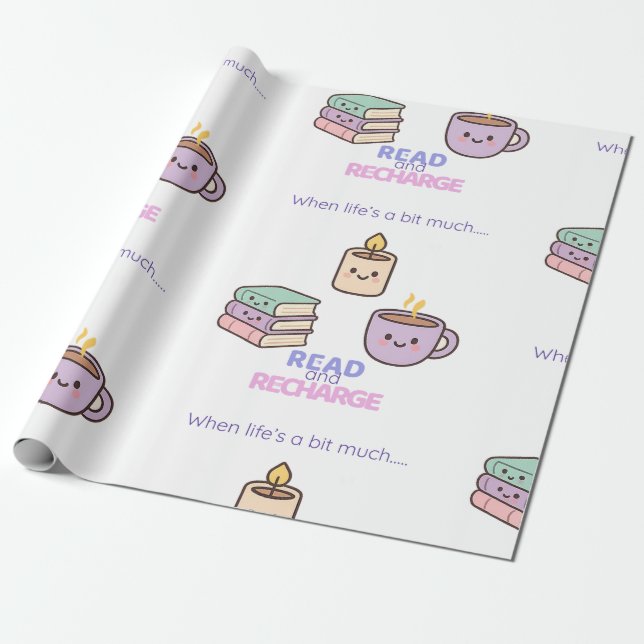 Papier Cadeau Read And Recharge Wrapping Paper Kawaii Book Lover (Déroulé)