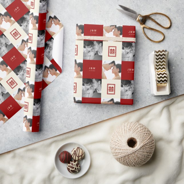 Papier Cadeau Rectangle Double Bonheur Mariage Photo Collage (Artisanat)