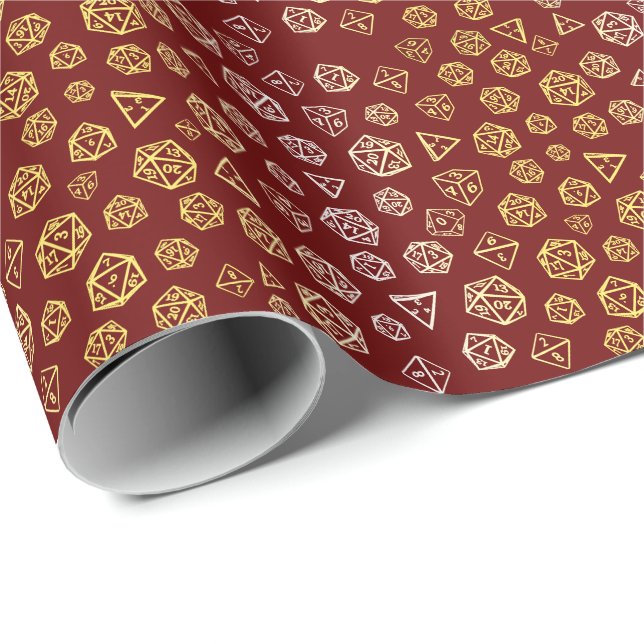 Papier Cadeau Red and Gold Roleplaying Dice Wrapping Paper (Coin rond)