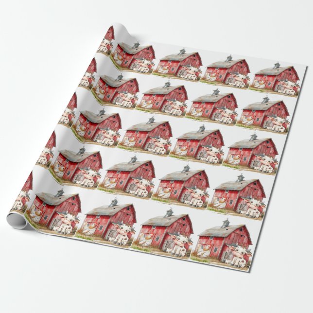 Papier Cadeau Red Barn Cute Cow Chicken Boy Anniversaire fête ca (Déroulé)