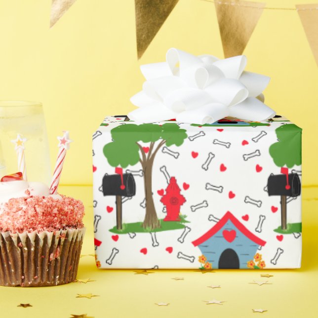 Papier Cadeau Red blue green dog house bones  (Fête d'anniversaire)