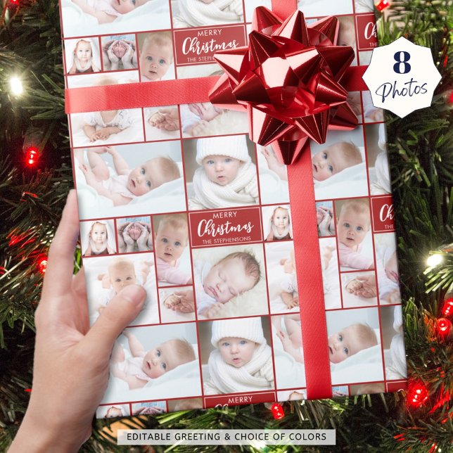 Papier Cadeau Red Christmas 8 Photo Collage personnalisé (Créateur téléchargé)