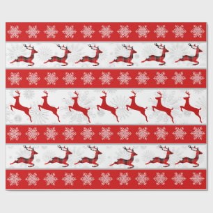 Papier Cadeau Red Christmas Deer Red & White Snowflake Motif