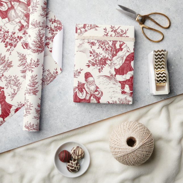 Papier Cadeau Red Christmas Toile Santa And Trees (Artisanat)
