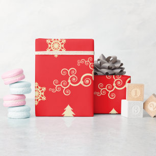 Papier Cadeau Red Christmas Wrap with Cream Snowflakes