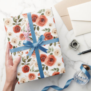 Papier Cadeau Red Cream Hearts and Flowers Fête de mariage