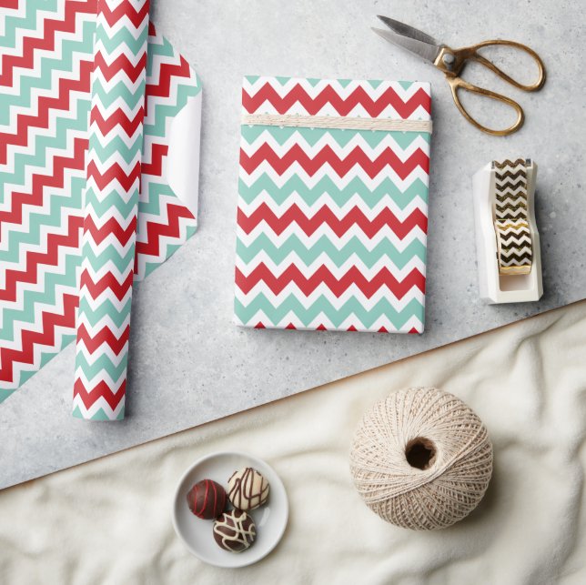 Papier Cadeau Red et Aqua Christmas Zigzag Chevron Stripes (Artisanat)