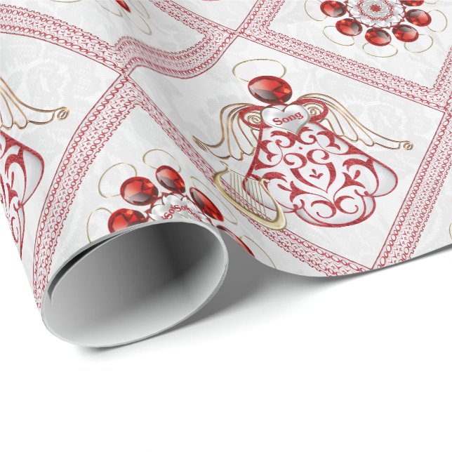 Papier Cadeau Red Filigree et Gold Christmas Angel of Song (Coin rond)