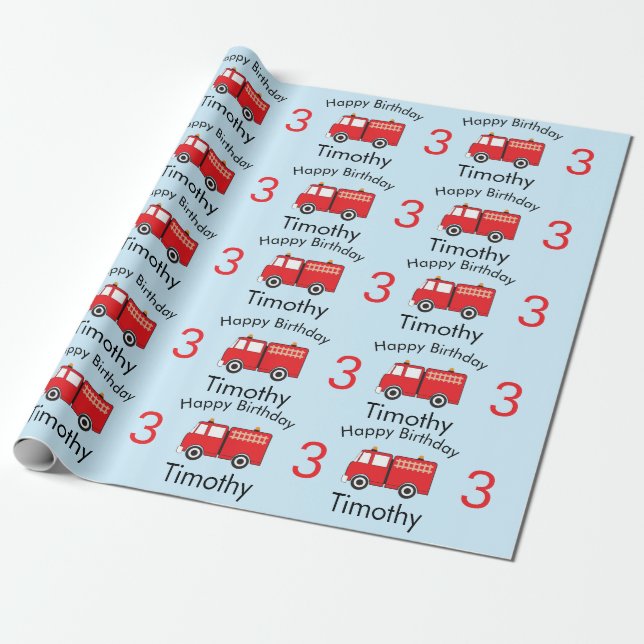 Papier Cadeau Red Fire Truck Motif Nom et âge du garçon Annivers (Déroulé)