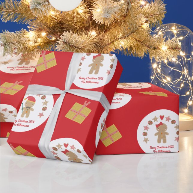 Papier Cadeau Red Gingerbread Cookie Script Personnalisé Nom Cut (Vacances)
