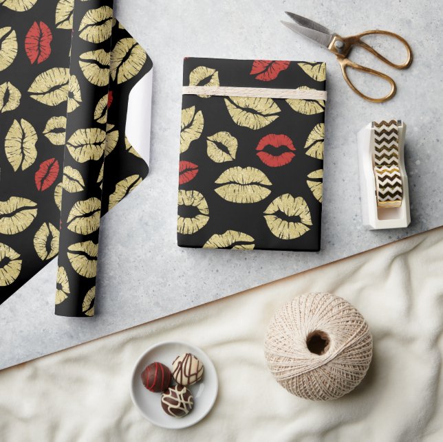 Papier Cadeau Red Gold Black Lips Baisers Baby Shower (Artisanat)