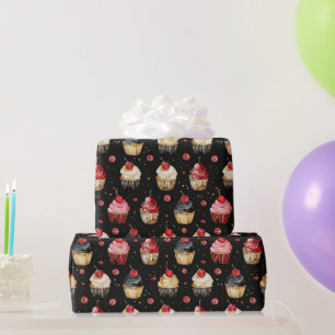 Papier Cadeau Red Gold Black Pink Cupcakes Cerisier Anniversaire