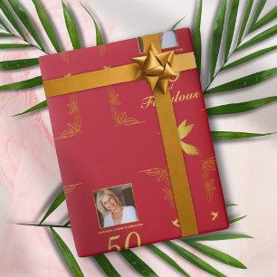 Papier Cadeau Red Gold moderne 50 Fabuleux photo Anniversaire