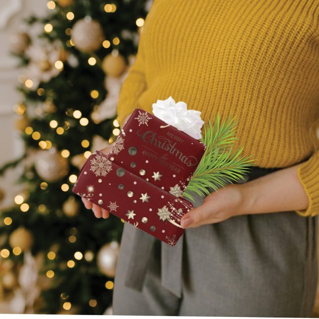 Papier Cadeau Red Gold Reindeer Joyeux sapin de Noël (Créateur téléchargé)