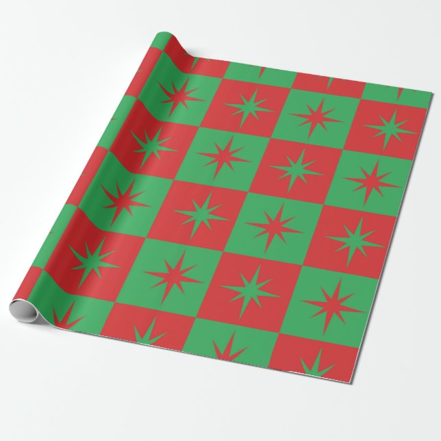 Papier Cadeau Red green checkered retro Christmas  starbursts  (Déroulé)