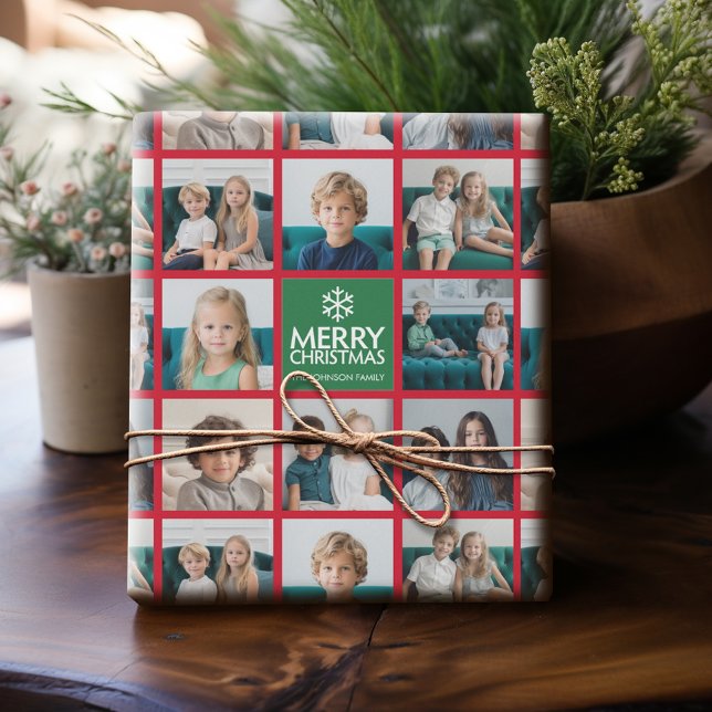 Papier Cadeau Red & Green Joyeux Noël 8 Photo Collage (Personalized Photo Wrapping Paper)