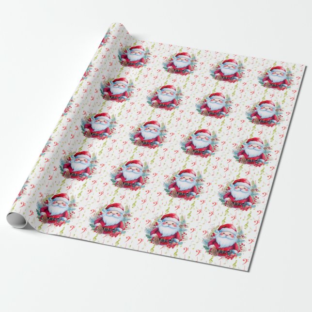 Papier Cadeau Red Green Music Notes et le Père Noël (Déroulé)