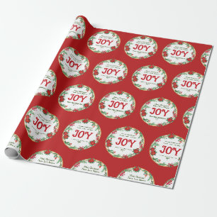 Papier Cadeau Red Green Nom de famille Wreath Joy Vintage Christ