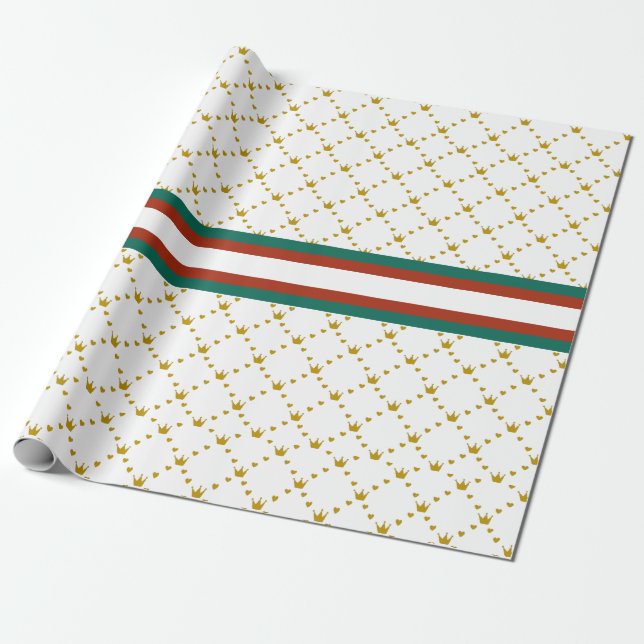 Papier Cadeau Red|Green Stripe|Gold Crown Motif Royal (Déroulé)