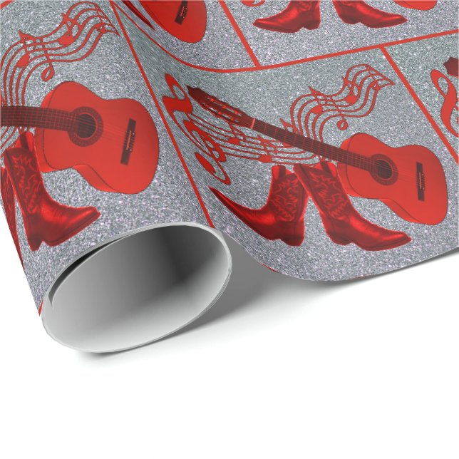 Papier Cadeau Red Guitar Cowboy Boots Musique Faux Parties scint (Coin rond)