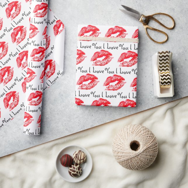 Papier Cadeau Red Lipstick Baisers et je t'aime (Artisanat)