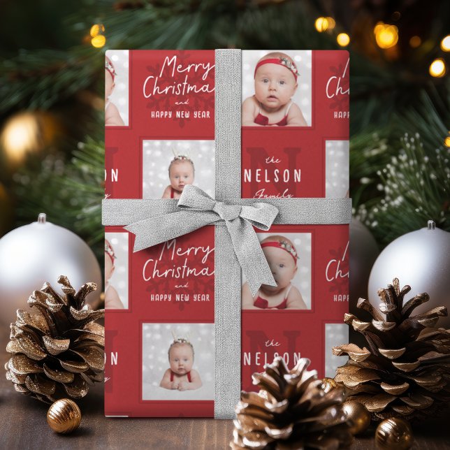 Papier Cadeau Red Merry Christmas Calligraphy Family 2 photo (Red Merry Christmas Calligraphy Family 2 photo Wrapping Paper)