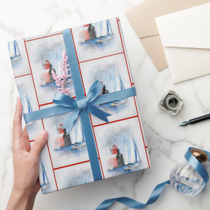 Papier Cadeau Red Michigan Lighthouse avec voilier