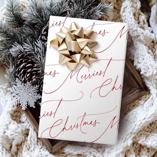 Papier Cadeau Red Minimalist Modern Script Merriest Christmas (Red Minimalist Modern Script Merriest Christmas Wrapping Paper)