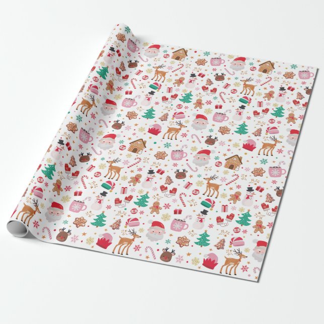 Papier Cadeau Red Pink Green Noël Père Noël Winter Wonderland (Déroulé)