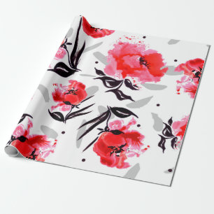 Papier Cadeau Red Poppy sur un arrière - plan blanc à rayures gr
